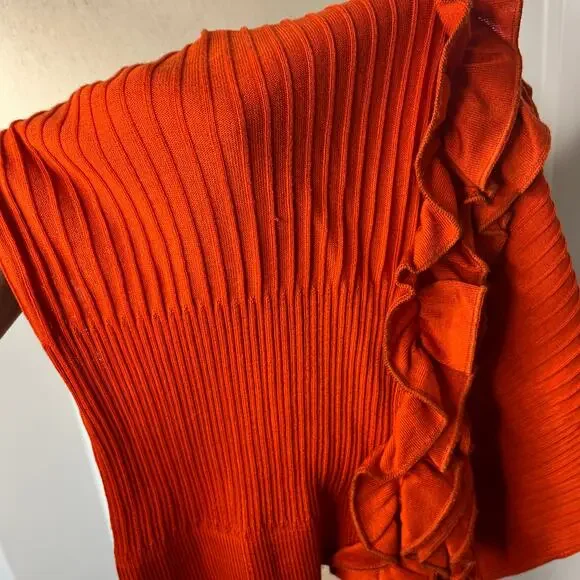 Anne Fontaine Women's Cardigan Size 46 14 Orange Ruffle Knit Ribbed V-Neck